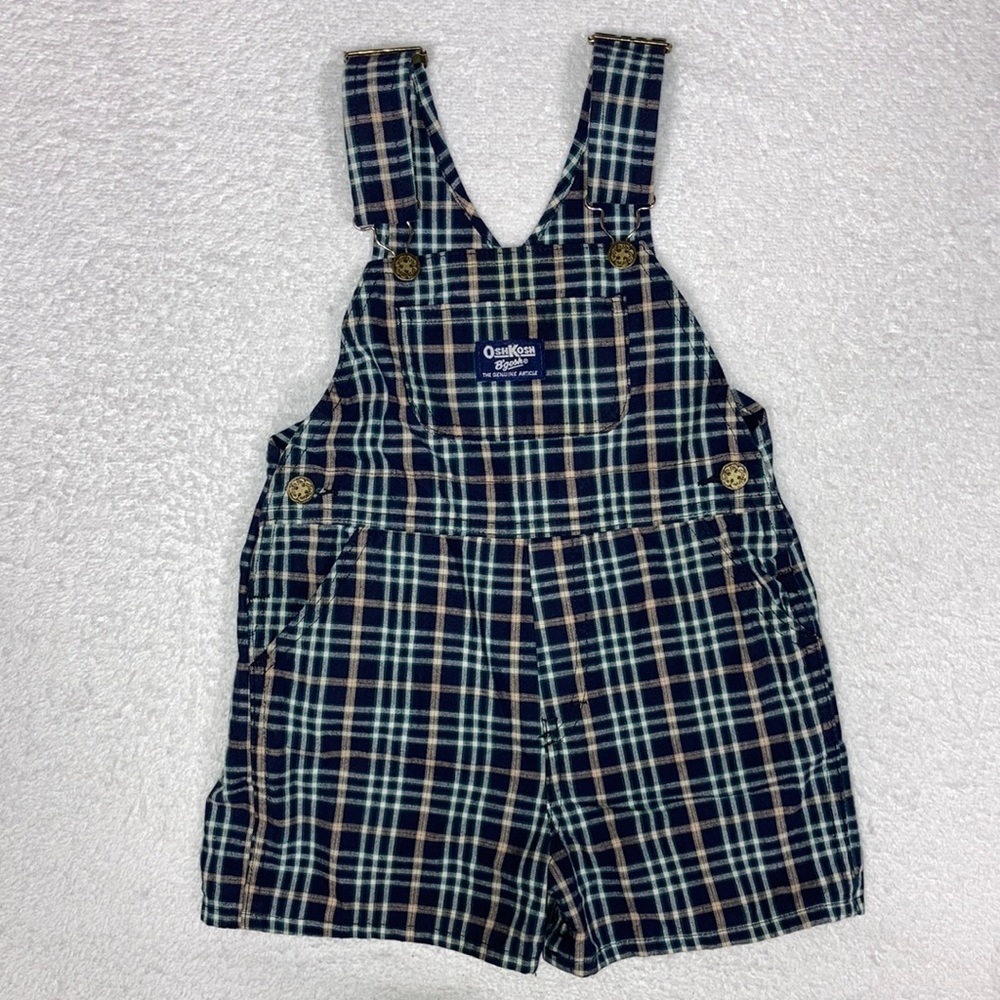 Vintage Oshkosh 4t navy blue plaid shortalls Euc made in the USA